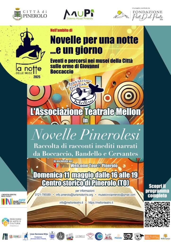 Locandina dello spettacolo itinerante "Novelle Pinerolesi - Raccolta di racconti inediti narrati da Boccaccio, Bandello e Cervantes".