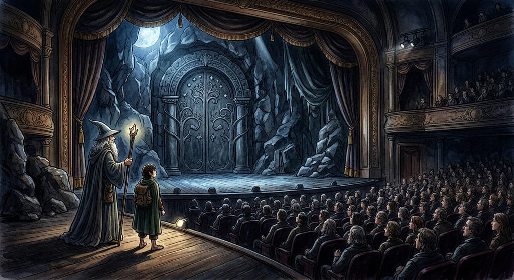 Gandalf e Frodo osservano le porte di Moria incastonate all'interno di un teatro